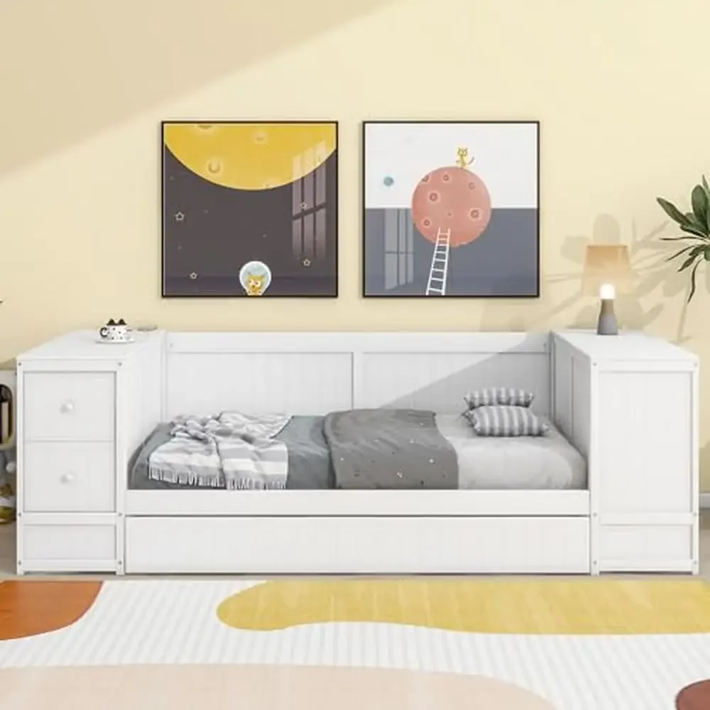 Cama de día de madera de tamaño doble con brazos de almacenamiento y estación de carga, dormitorio, sala de estar, sofá cama doble, marco de diseño moderno