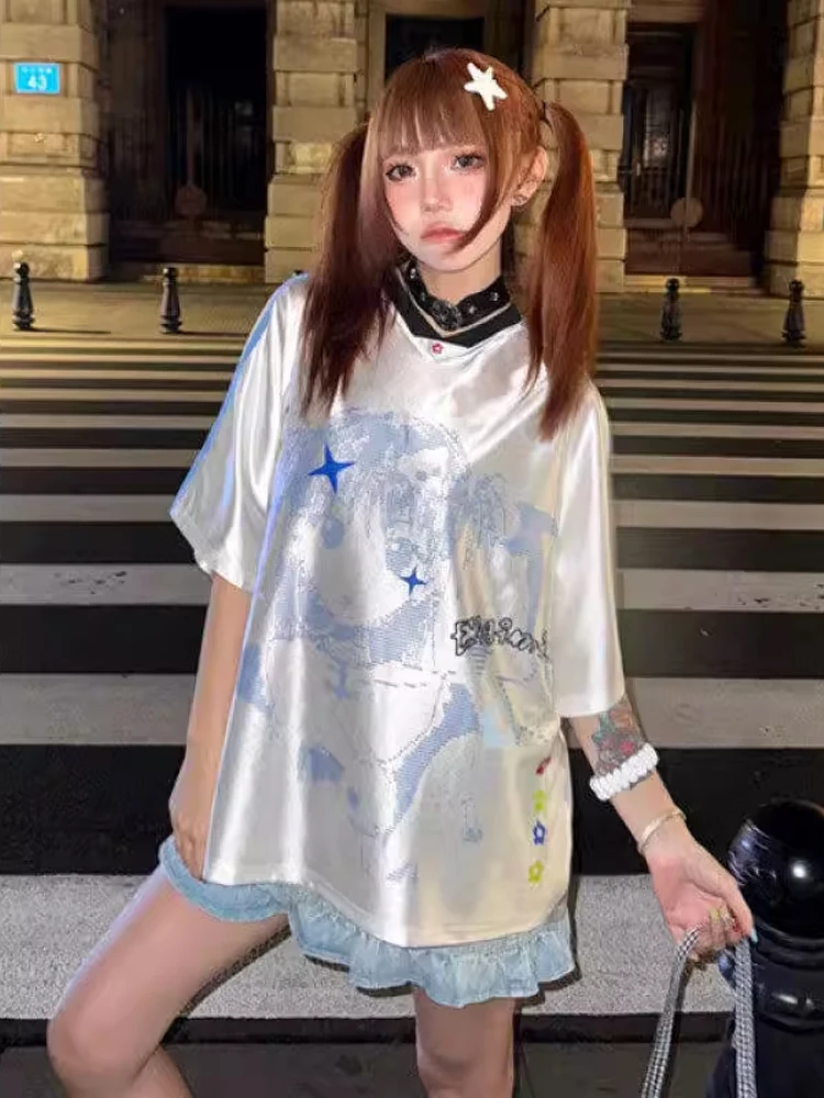 

Футболка с принтом «Крутая мультяшная девушка» для мужчин и женщин, свободного кроя, с V-образным вырезом, коротким рукавом, в американском ретро-стиле, повседневный летний топ