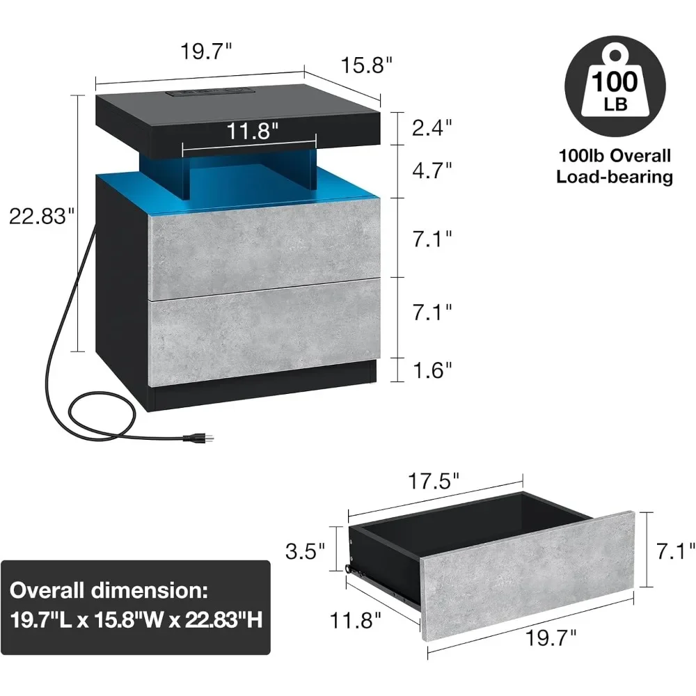 Set of 2 LED bedside tables, wireless charging station, LED light smart bedside table USB port, 2 drawers bedroom bedside tables