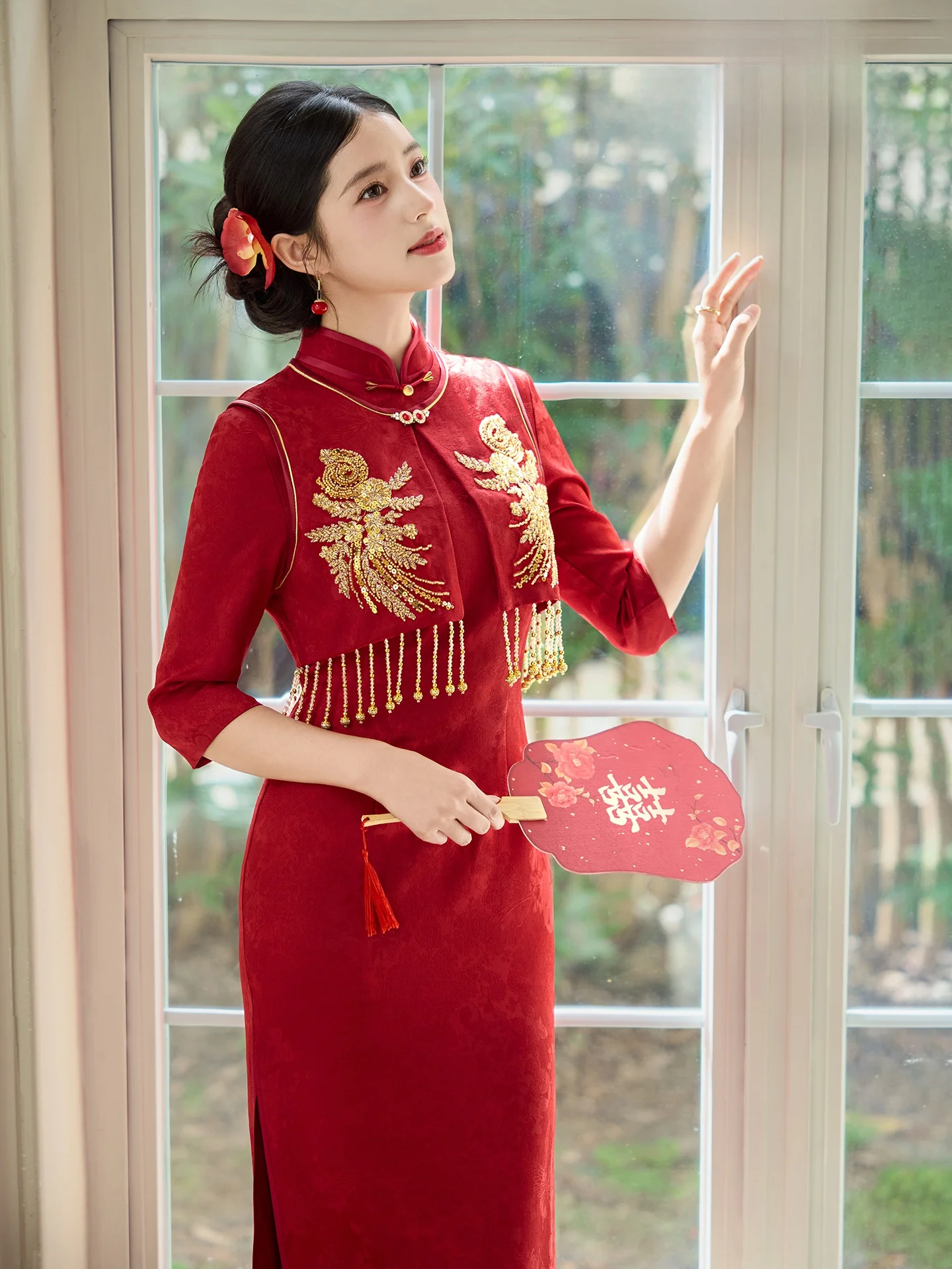 

Red Young Sle Qipao Wedding Dr Set 7/8 Sve Formal Evening Gown Mid-Length Ele Aosphere Chinese Wedding