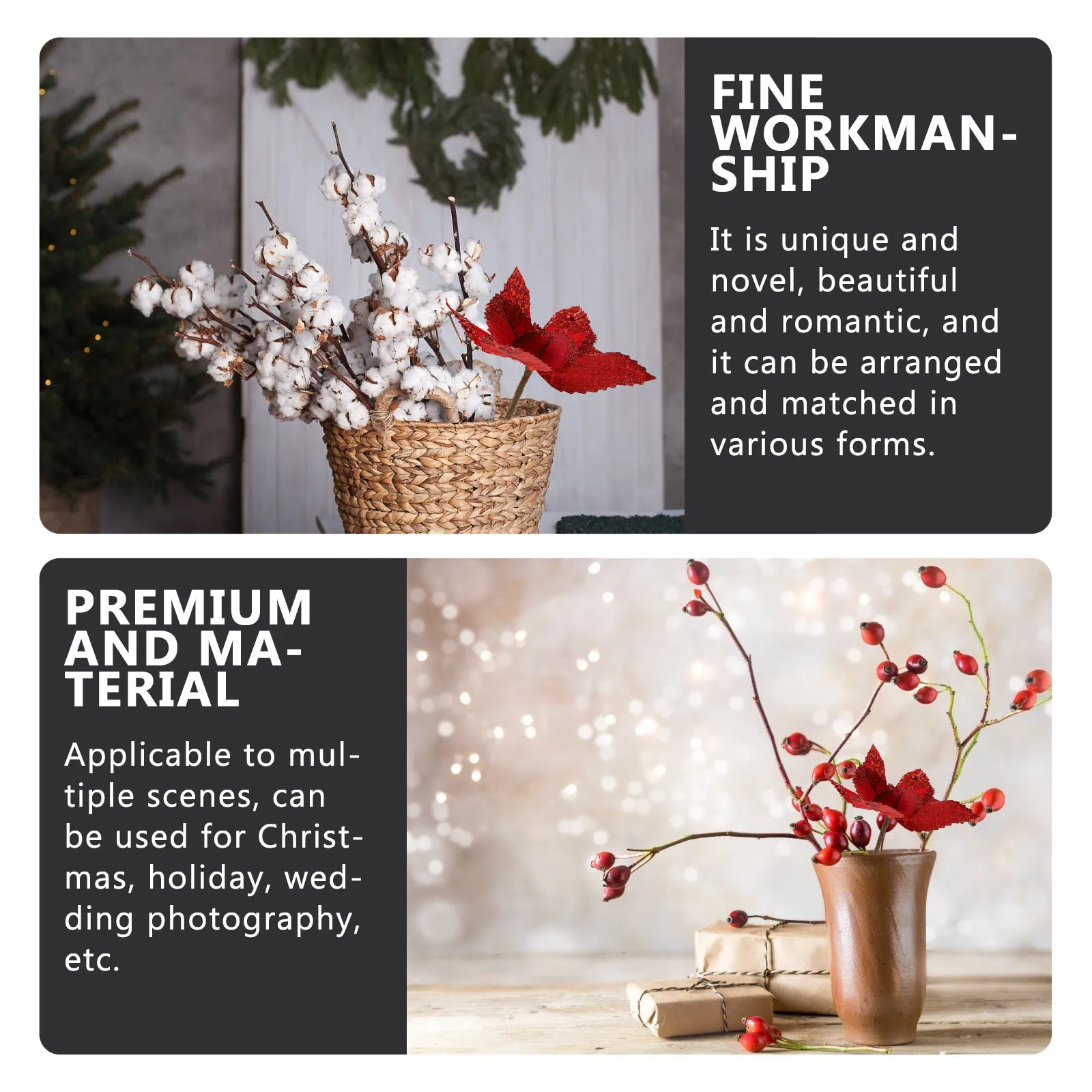 

6 Pcs Artificial Christmas Flowers Polyester Fake Xmas Tree naments DIY Decorative Unique Beautiful Lifelike Celebration Wedding