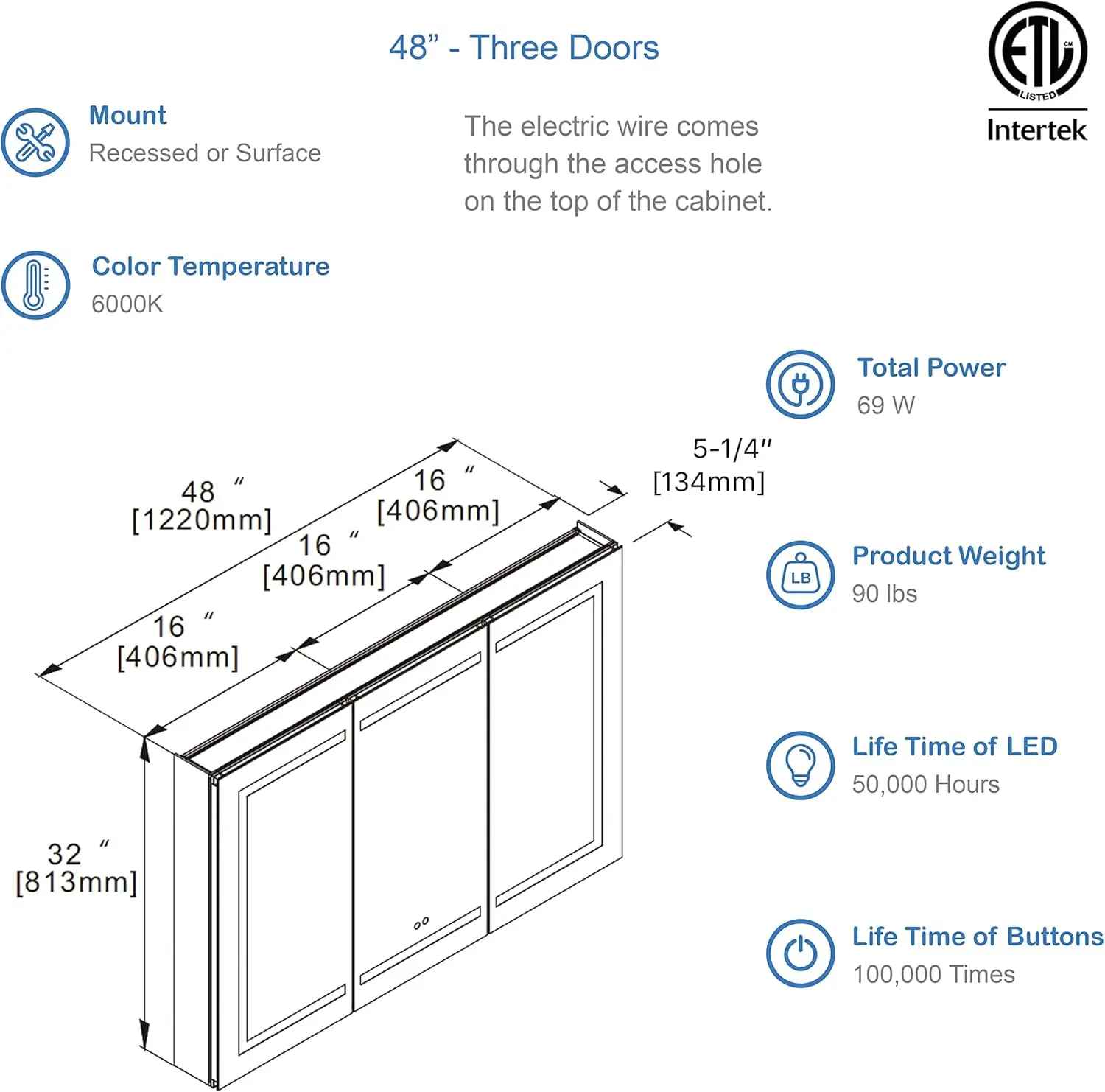 Recessed or Surface 48 Inch LED Mirror Medicine Cabinet with Lights Defogger BUILT-IN DEFOGGER means fogless makeup