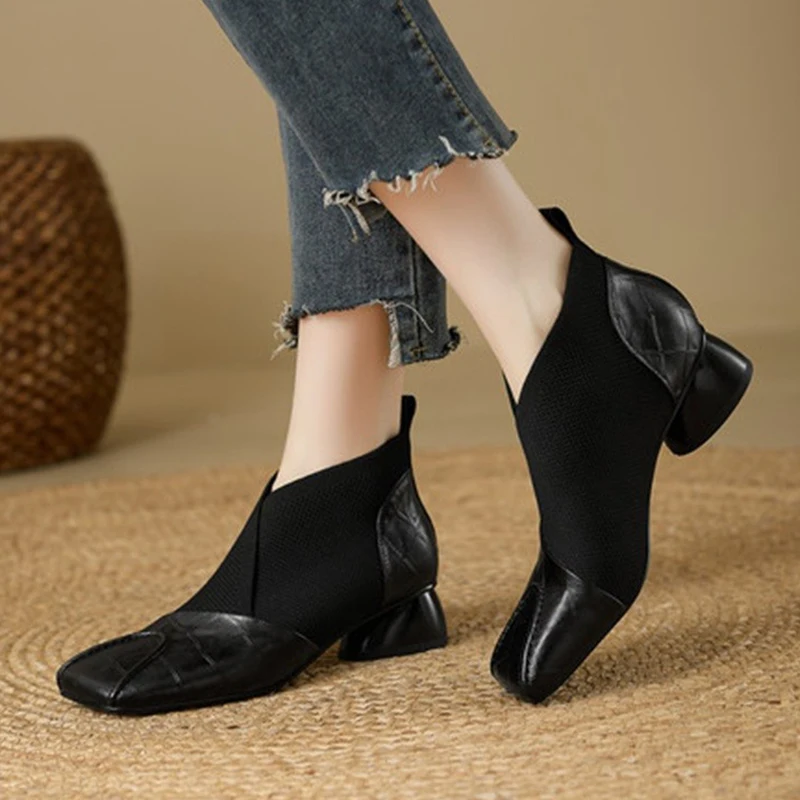 

Square Toe High Heels Women Boots Elegant Chunky Shoes Winter Trend Short Boots 2025 Fashion Woman Pumps Chelsea Botas De Mujer