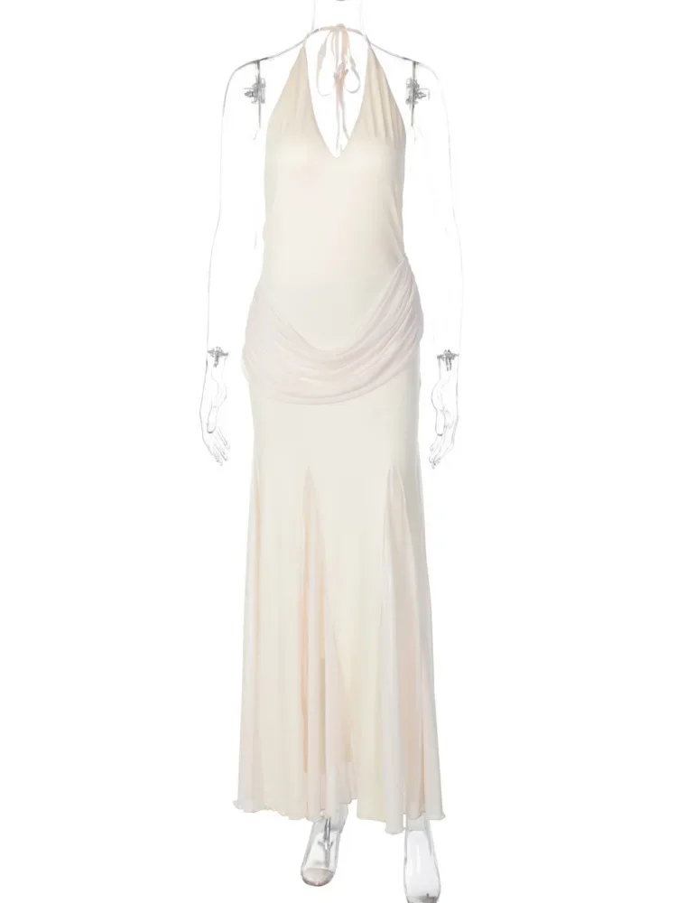 Halter V Neck Backless Sexy Maxi Dress Women Gown Fashion Sleeveless Ruched Bodycon Club Party Long Dresses Female