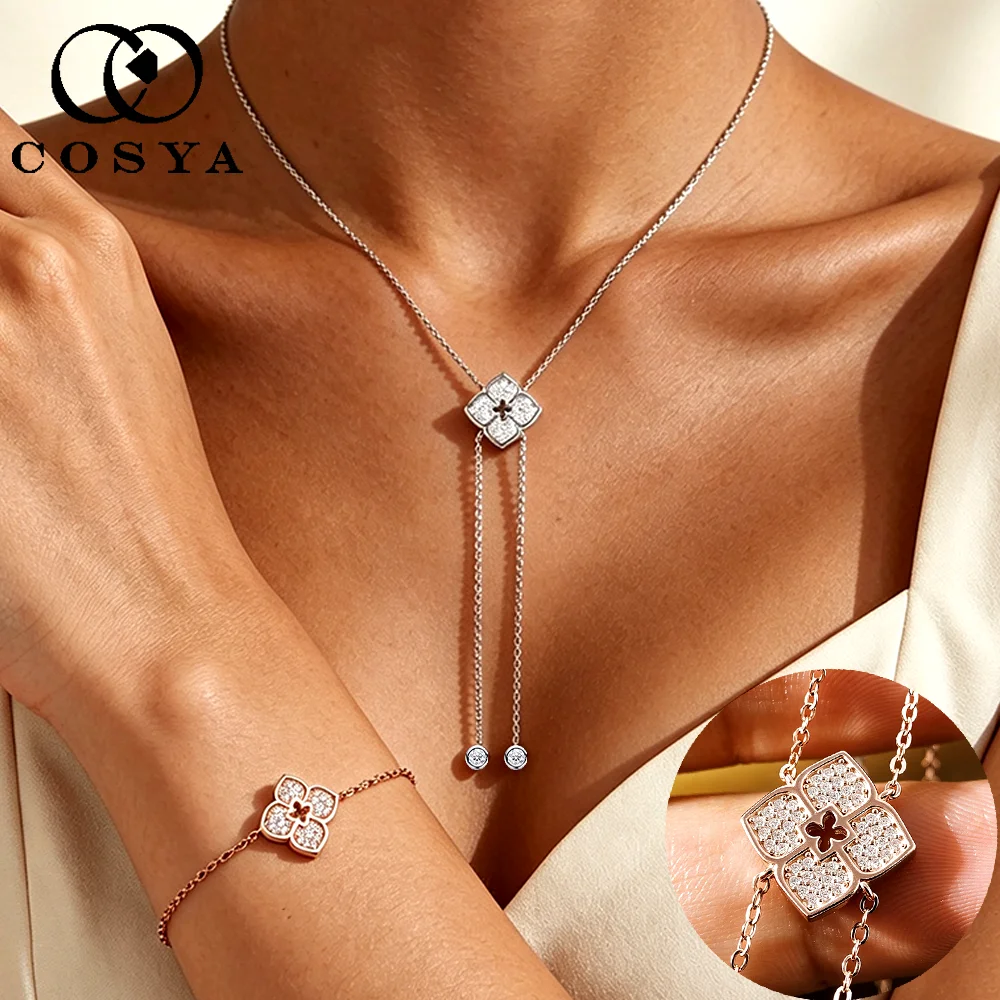 COSYA Full Moissanite Clover Necklace/Bracelet for Women S925 Silver 18K Gold Lab Diamond Adjustable Dainty Fine Jewelry Set