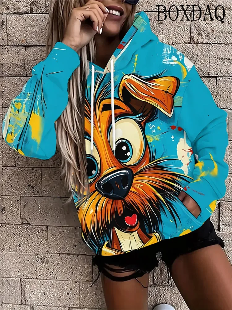 2026 Women's Autumn/Winter Fashion Drawstring Hoodie Casual 3D Animals Dog Printed Long Sleeve Pocket Sportswears Women's Tops