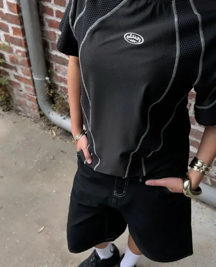 

Divin Fashion Brand Striped Mesh Breathable Shirt Harajuku Retro Embroidery Sports Jersey Tee Casual Cotton Short Sleeves Tops