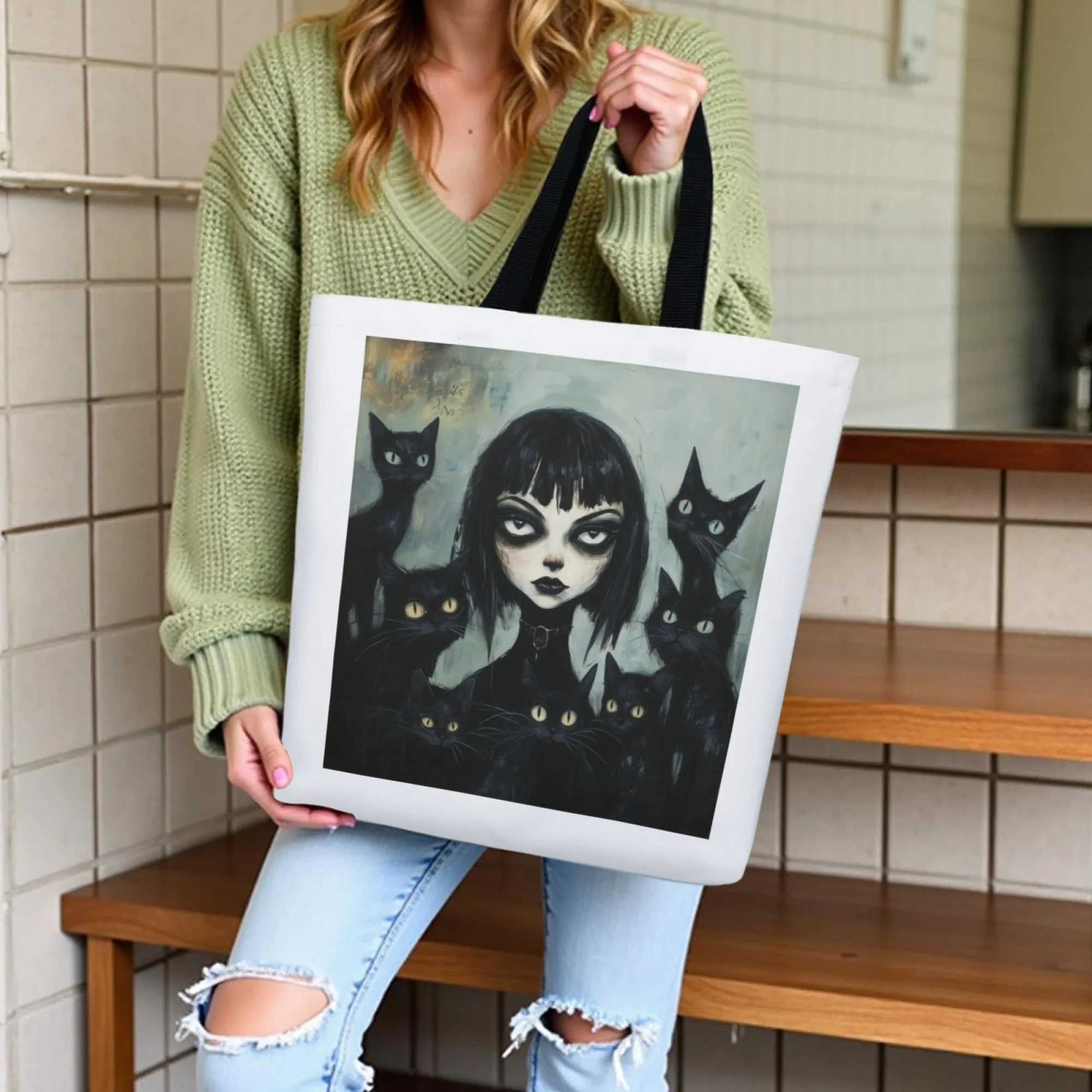 Urban Edgy Gothic Canvas Tote Bag Dark Cat & Girl Art Print Shoulder Bag Women's Stylish Perfect for Dark Aesthetic Fans