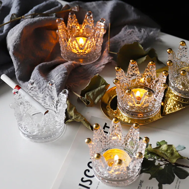 Glass crown candlestick transparent ashtray household candle cup creative candlestick ornament gold-painted colorful