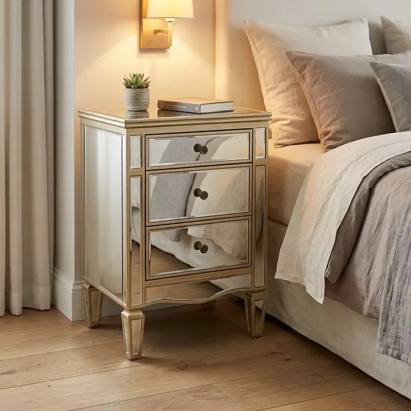 Modern mirrored side table with gold frosted silver frame, 3 drawers, handmade for bedrooms, living rooms and hotels