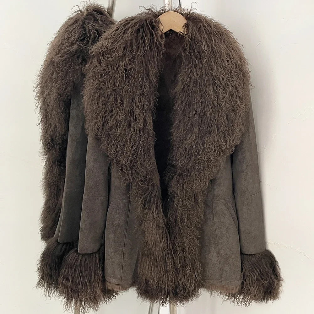 OFTBUY New Winter Warm Curly Mongolia Sheep Fur Jacket Women Vintage Shearling Coat Slim Faux Suede Real Rabbit Fur Clothing