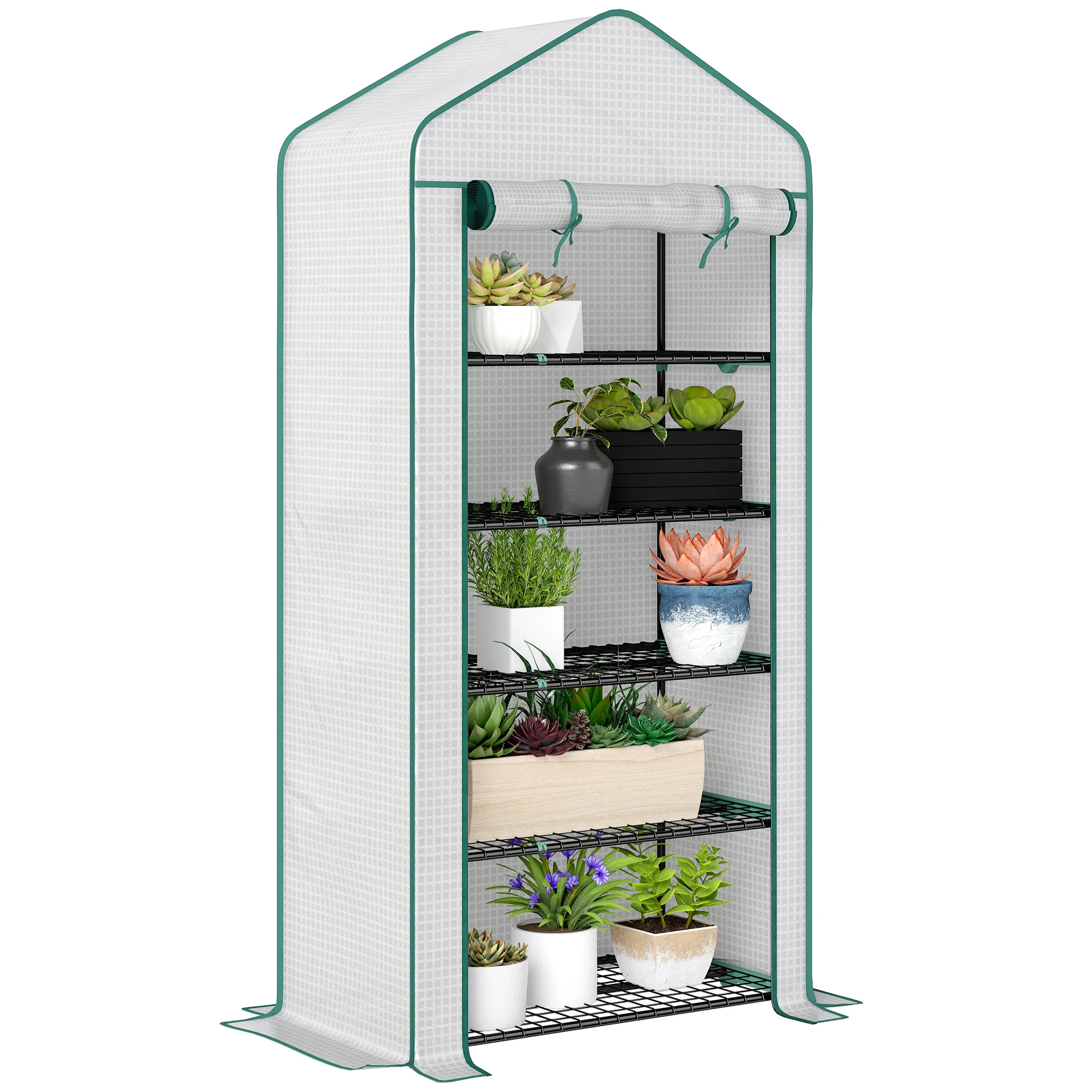 Invernadero de jardín Outsunny de PE con estantes de 5 niveles, invernadero de balcón, lona reforzada, g/m², estructura de acero, puerta con cremallera, para plantas y flores, 90x49x cm, Blanco