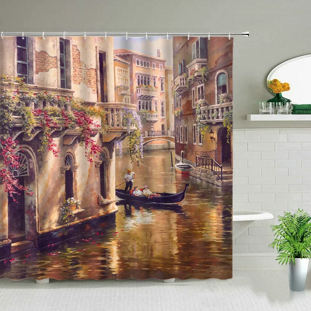 3d Nordic Italy Street Alley Shower Curtain Garden Flowers Scenery Retro Design Cloth Curtains Waterproof Home Bathroom Decor