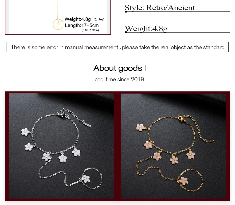 CoolTime Niedliche Armbänder aus Edelstahl mit rosa Blüten und Ring, zierliche Emaille-Sakura-Kette, verstellbar, Geschenk für Frauen – Detail 3