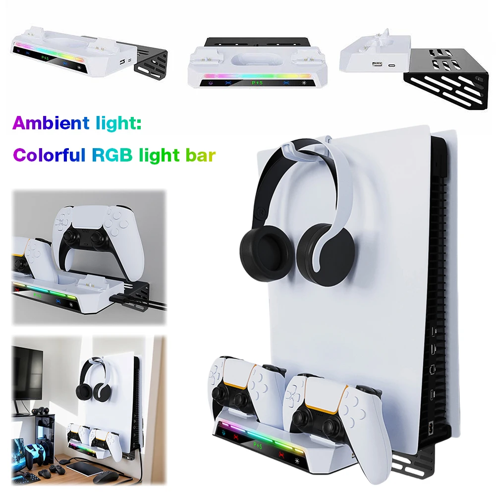 Shelf Floating Mount with Charging Station RGB Light Wall Bracket W/ Headset Holder for PS5 and PS5 Slim Consoles Disc & Digital