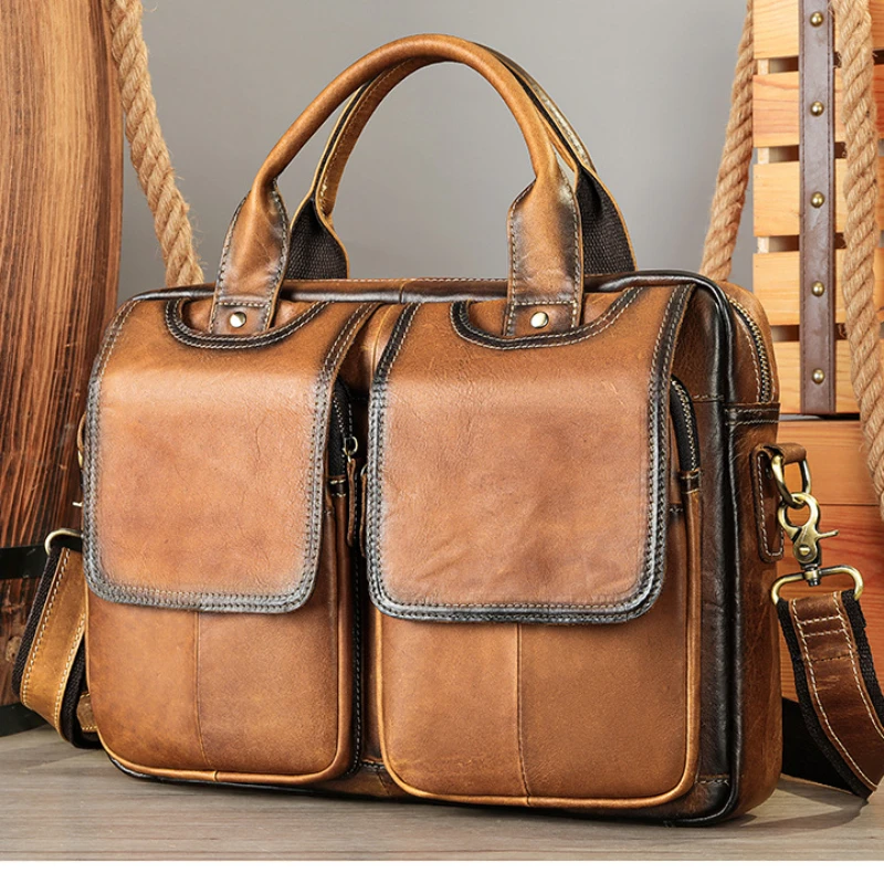 

Vintage Men's Briefcase Real Leather 14" Laptop Bag Cowhide Vintage Business Shoulder Messenger Bag Male Office Handbags