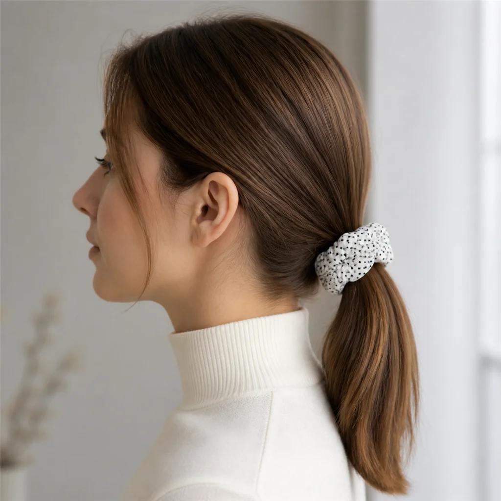 Ivory Black Micro Polka Dot Single-Layer Scrunchie Handmade Elastic Hair Tie for Ponytail and Bun