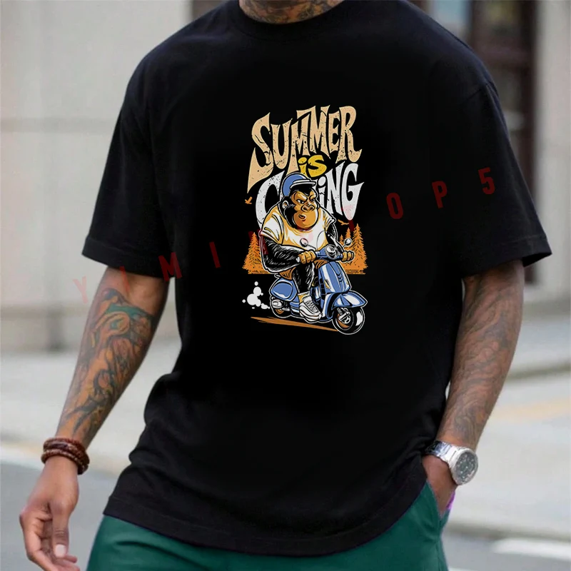 

Urban Scooter Monkey Graphic Motorcycle T-shirt Men's Summer Cotton Casual Short-sleeved O-neck Top Tees