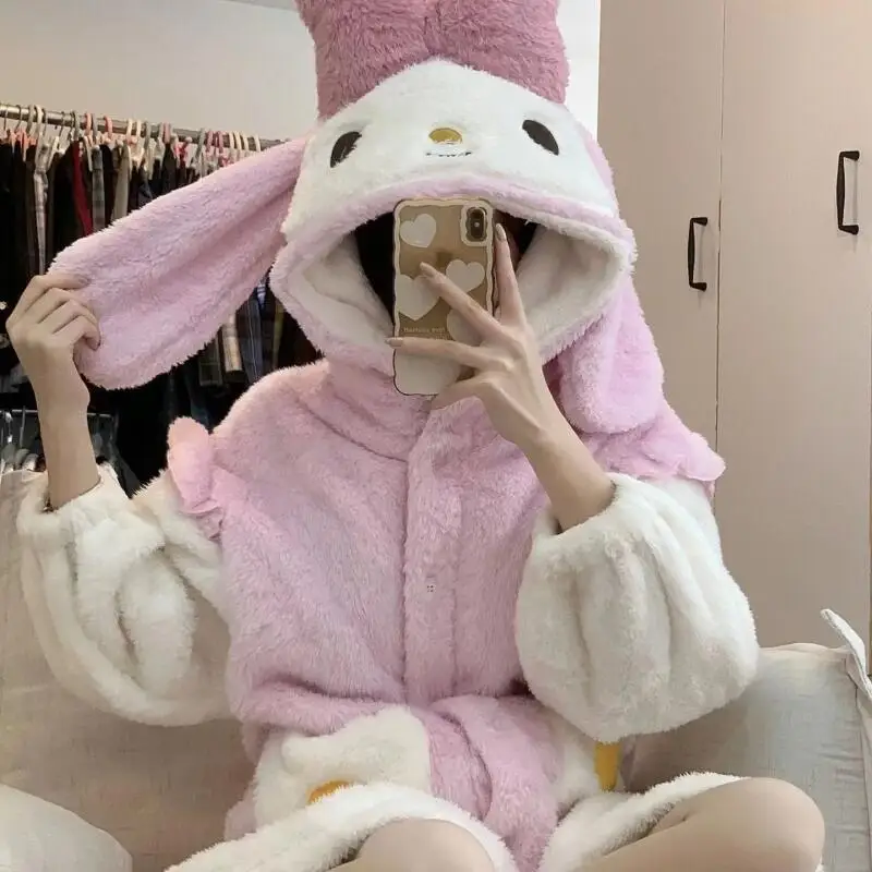 

Kawaii Hello Kittys Girls Pajamas Autumn Winter New Nightgown Cute Coral Fleece Thicken Medium Length Lounge Clothes Suit