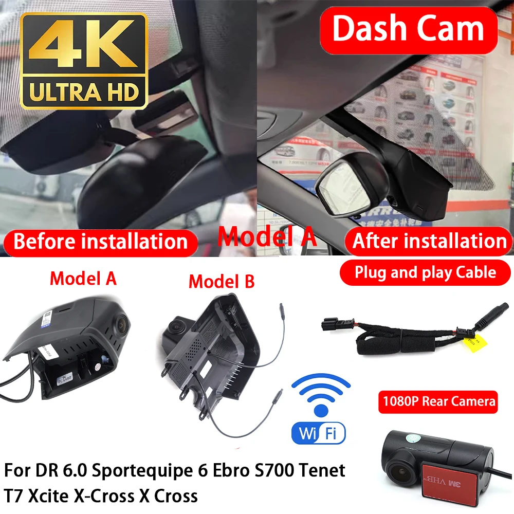 Cámara para Auto DR 6.0 Sportequipe 6 Ebro S700 Tenet T7 Xcite X-Cross X Cross 7 4K, Cámara Delantera y Trasera, DVR, Wifi, Plug & Play