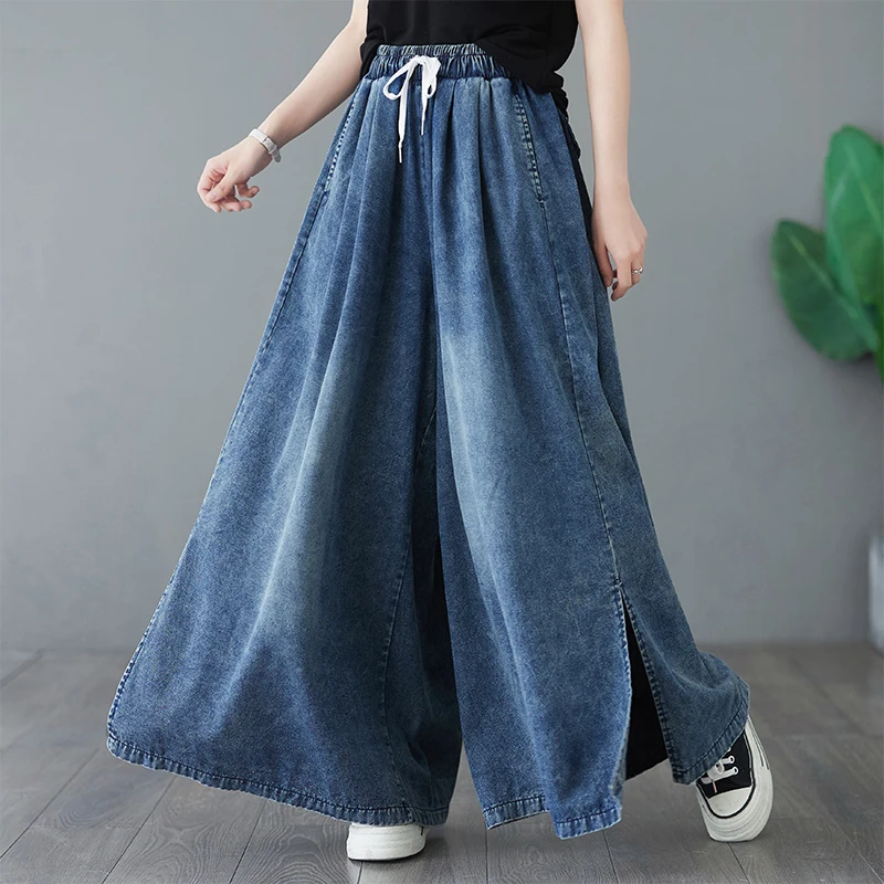 

Джинсы с завышенной талией в стиле ретро, широкие брюки, повседневная свободная юбка для больших размеров, женские детали из смеси хлопка и полиэстера