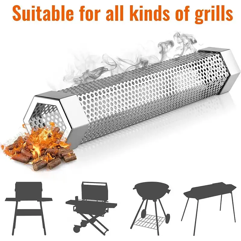 12-Inch Pellet Smoker Tube 5-Hour Smoke Tube Generator Premium Pellet Smoker Tube Hexagon Outdoor Bbq Grill Smoking Mesh Box