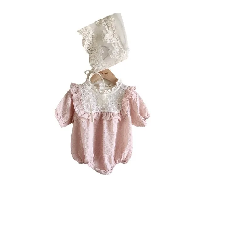 2024 Summer New Baby Short Sleeve Bodysuit Cotton Infant Girl Cute Lace Collar Princess Jumpsuit Newborn Toddle Clothes 0-24M