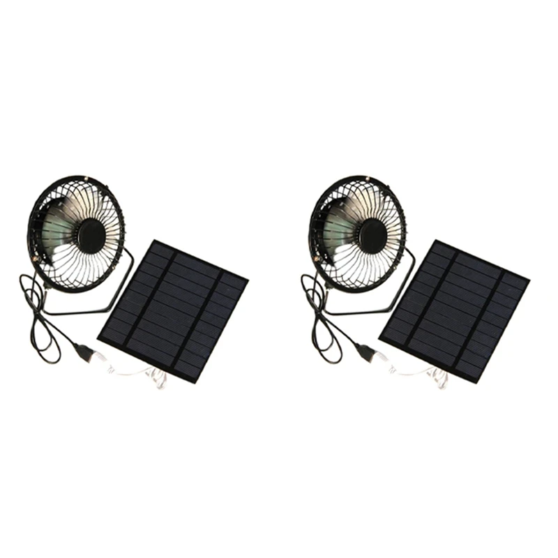 2X 5W 5V Solar Panel Powered Fan, Mini Portable Ventilation Cooling Fan 4-Inch USB Fan For Camping Yacht Dog House