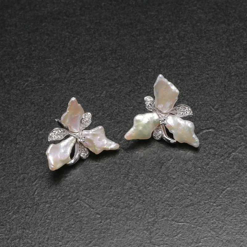 Natural fresh water three petal flower 925 sterling silver earrings Light luxury vintage party earrings for women EBD