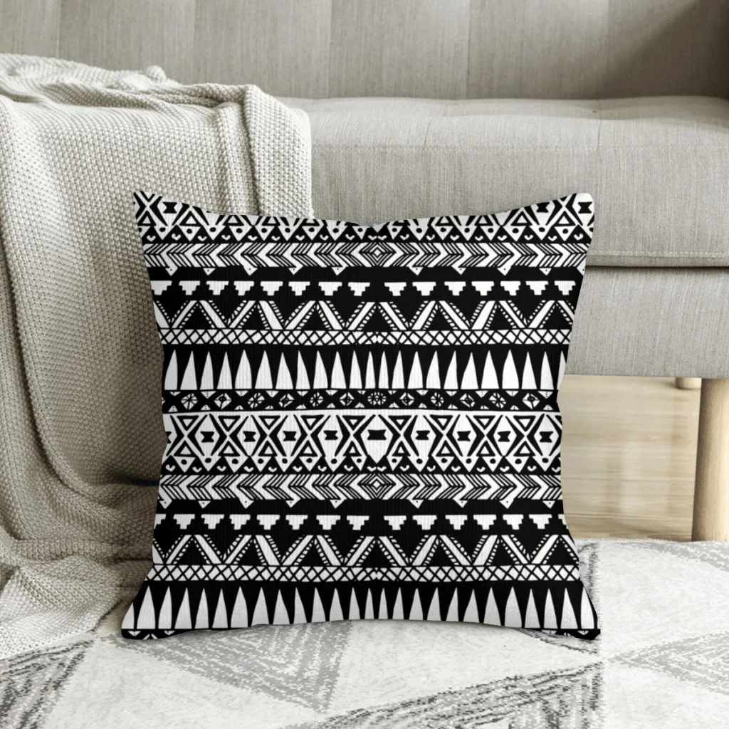 

Black and White Hand Drawn Modern Tribal Aztec Boho Style Polyester Cushion Cover For Sofa Car Decorative Throw Pillowcase