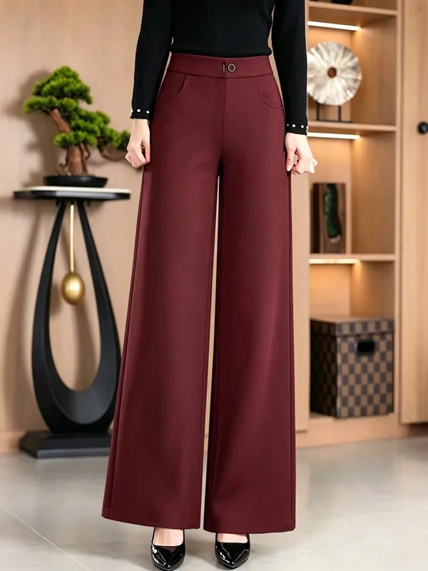 Elastic Waist Straight Leg Pants Slim Fit Women's Casual Elastic Wide Leg Trousers Versatile High Waist Polyester Fiber