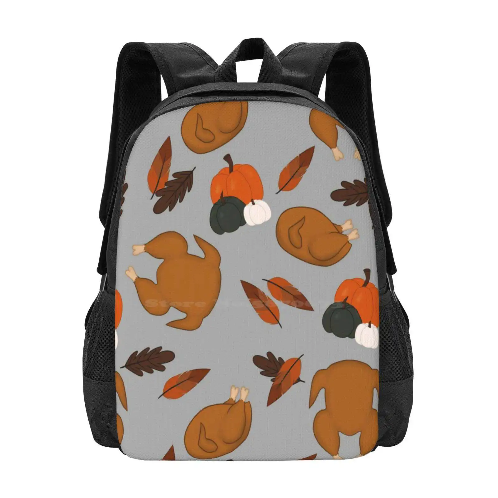 Thanksgiving Pattern com fundo cinza, Turquia Feather Leaf Design Bagpack, mochilas escolares, Solgalaxy Design