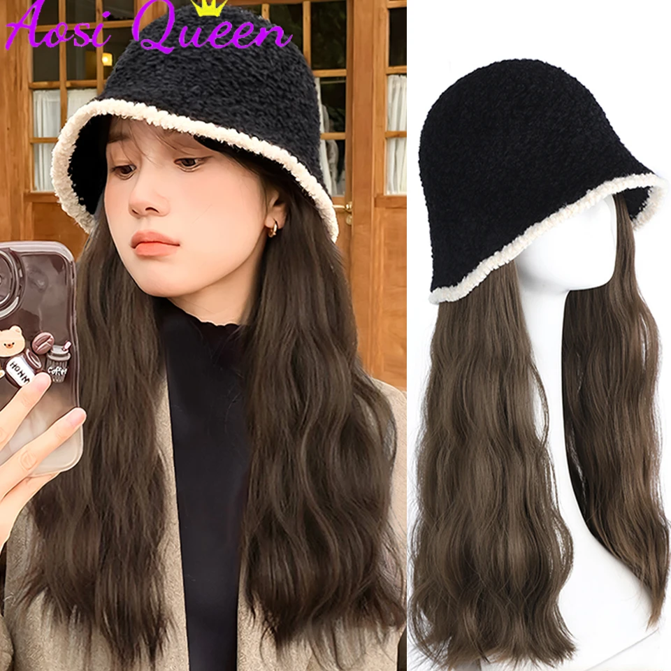 AOSI Hat Wig One-piece Women's Fashion Fisherman Hat Lazy Qater Ripple Artificial Hair 2023 New Wig Hat