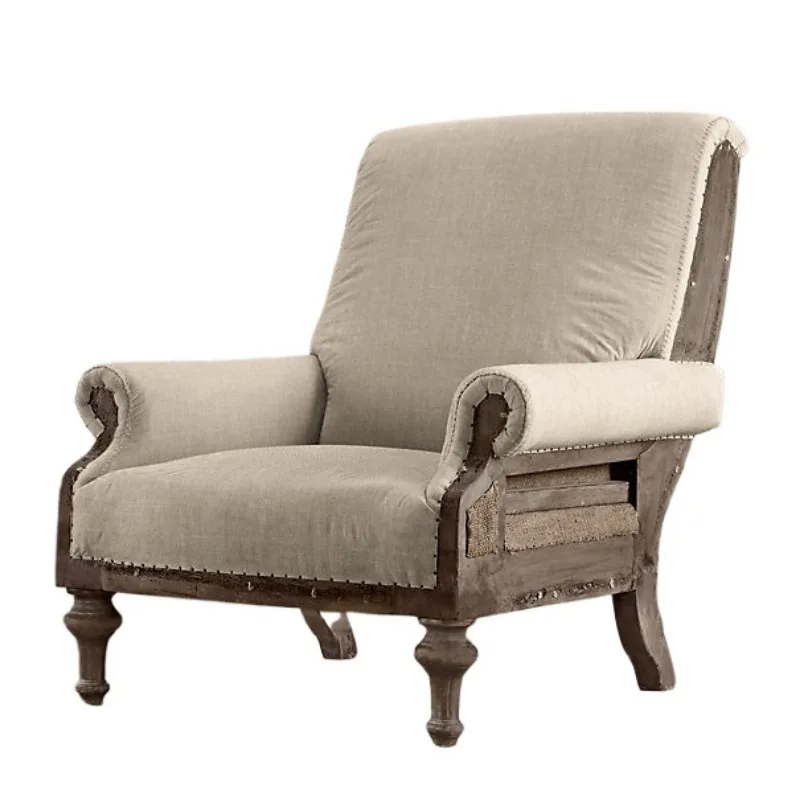 

American country retro old, oak, solid wood single sofa, European fabric casual concubine chair tiger chair