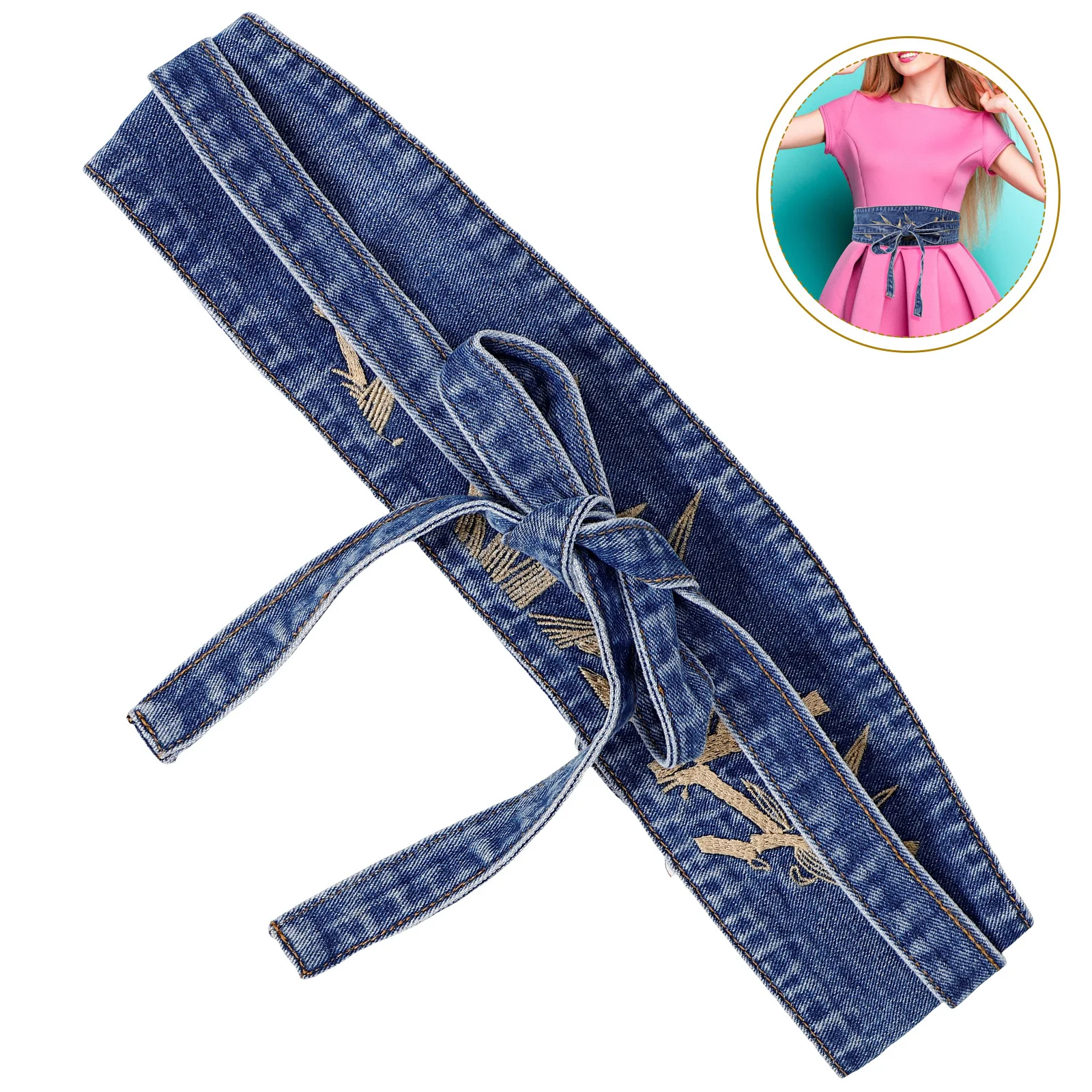 Модный джинсовый корсетный пояс для женщин, широкий пояс, стильный ретро-пояс с вышивкой в виде листьев для украшения платья