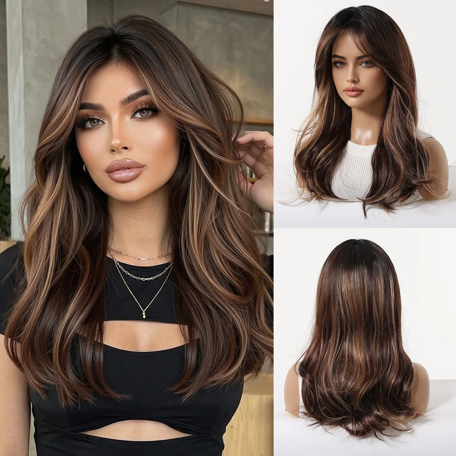 

Dark Brown To Light Blonde Highlight Long Wavy Synthetic Wig Smooth Shiny Heat Resistant Daily Party Wig For Women Synthetic Wig