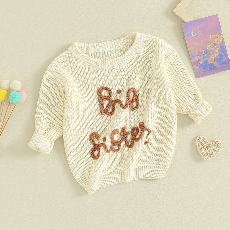 Kids Girls Sweater Letter Embroidery Crew Neck Long Sleeve Pullovers Fall Toddler Clothes Jumpers Tops