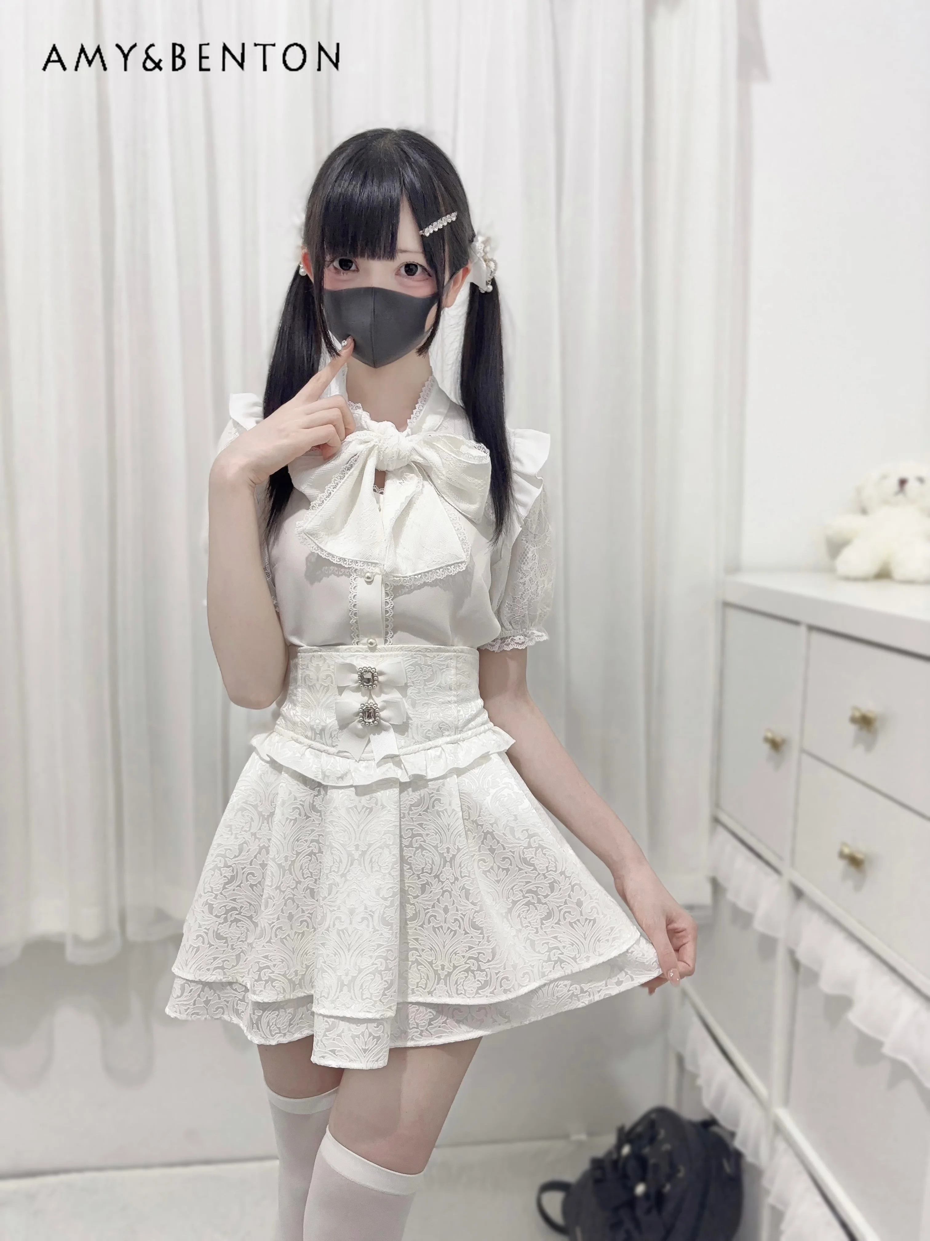 Japanese Mine Kawaii Lolita Skirt Sets Sweet Lace-up Short Sleeve Shirt High Waist Rhinestone Bow Mini Skirt Two Piece Set Women