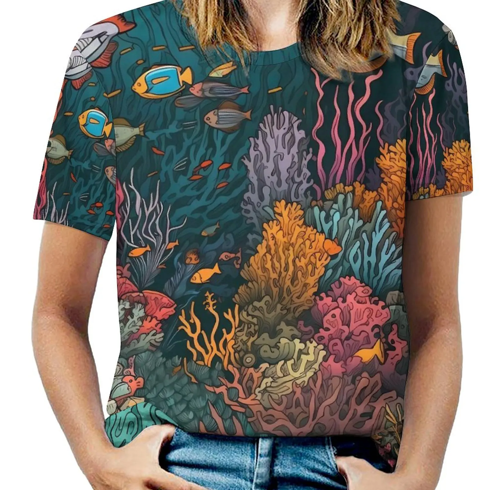 Tropical Marine T-Shirt O Neck Coral Reef Print Oversize T Shirts Short Sleeve Simple Tees Woman Beach Retro Design Clothes