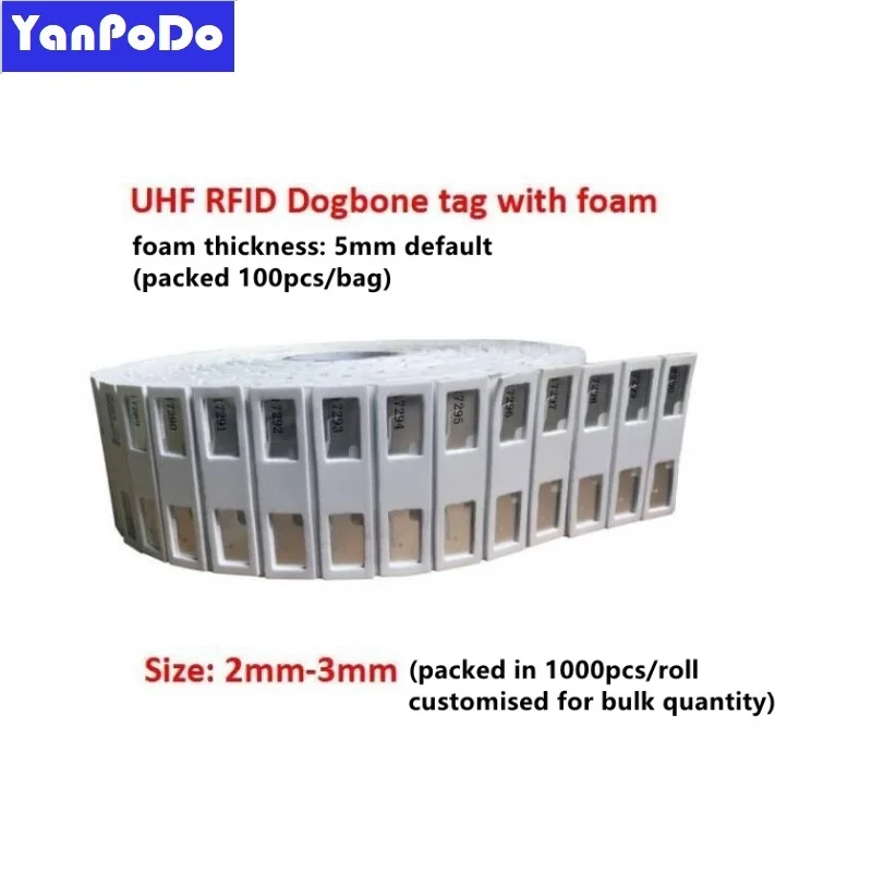 UHF RFID Chip do pomiaru czasu, zawieszka typu dogbone, podobna do Smartrac, 860-960MHz, daleki zasięg, EPC Gen2 Ucode 8, naklejka piankowa do maratonów, 100 sztuk
