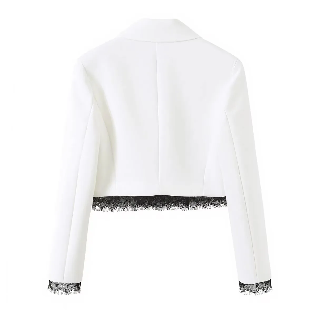 HH Damen Romantischer Spitzenbesatz Cropped Blazer Klassischer Revers-Einknopf-Mantel Mode Party Freizeit Urlaub Langarm-Jacke – Detail 3