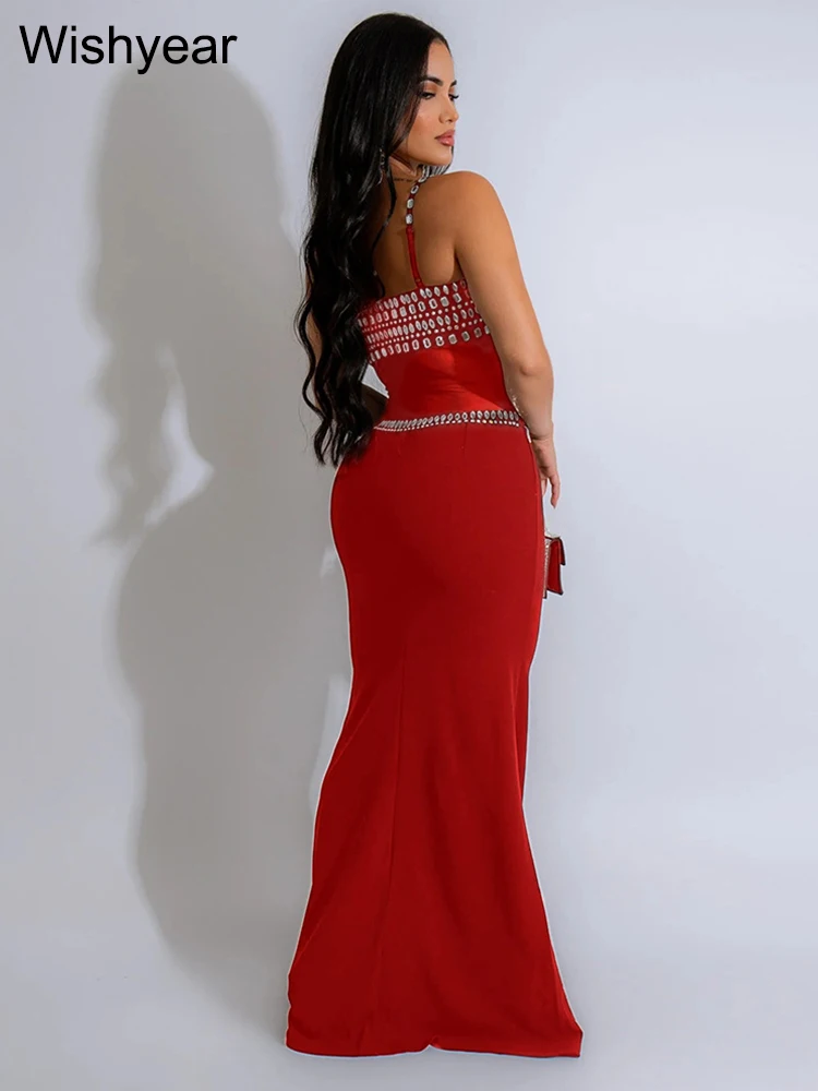 New Evening Party Women Mesh See Though Rhinestones Strap Sleeveless Red Maxi Dress Mermaid Birhtday Prom Vestidos Robe Luxury