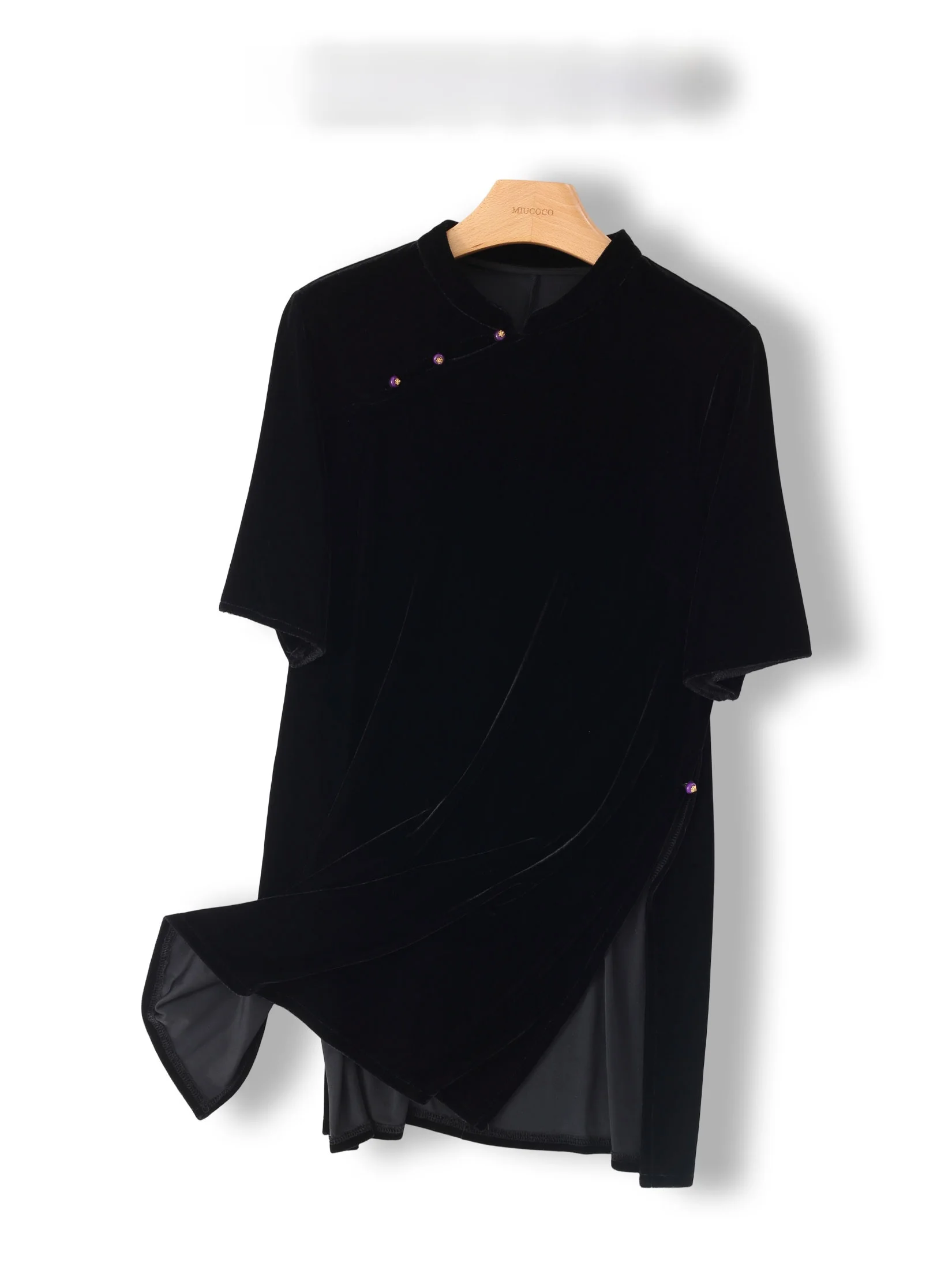 

Elegant Vintage Chinese Style Silk Velvet Shirt Middle Sleeve Stand Collar Button Closure Women's Fashion