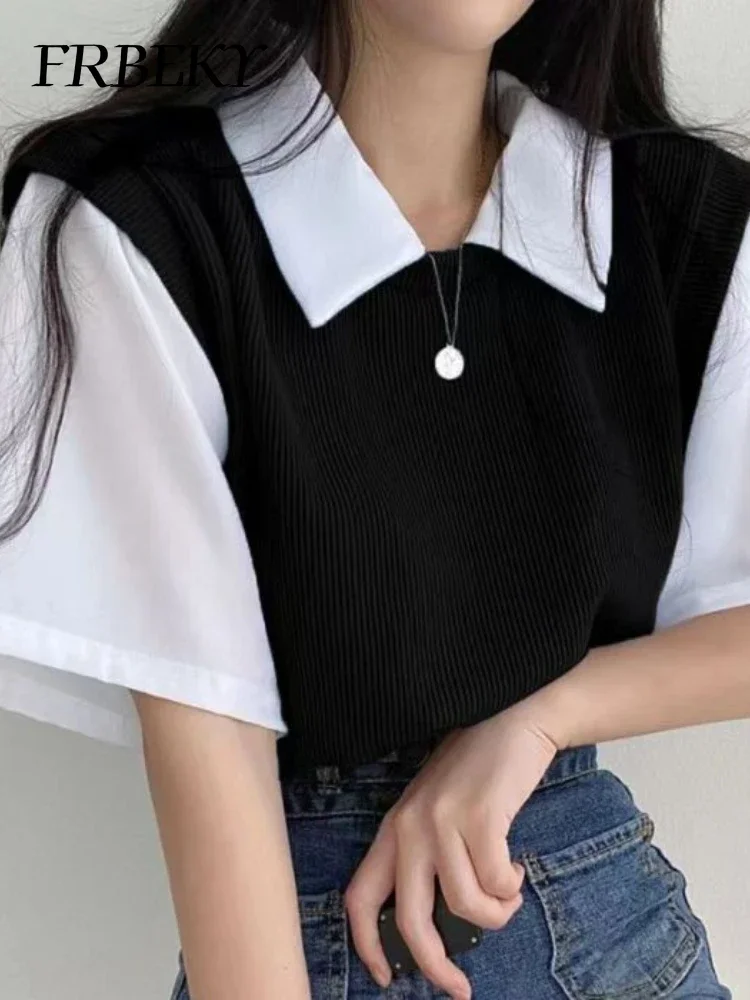 Summer New Polo Collar Tops Fake Two Pieces College Style Color Collision Short-sleeved T-shirt Shirts & Blouses Korean Fashion