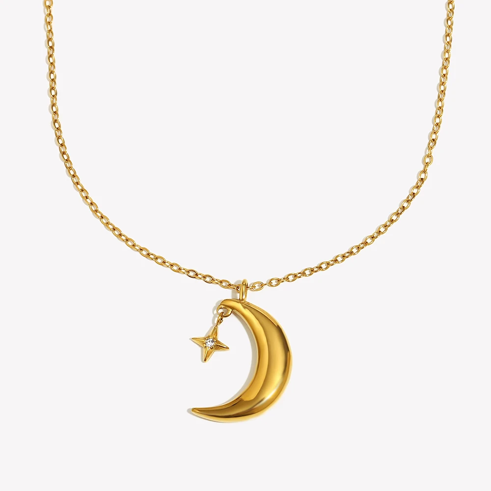 E.B.belle Creative Crescent Moon Star Pendant Necklace 18K Gold Plated Stainless Steel Women Party Statement Jewerly Accessories