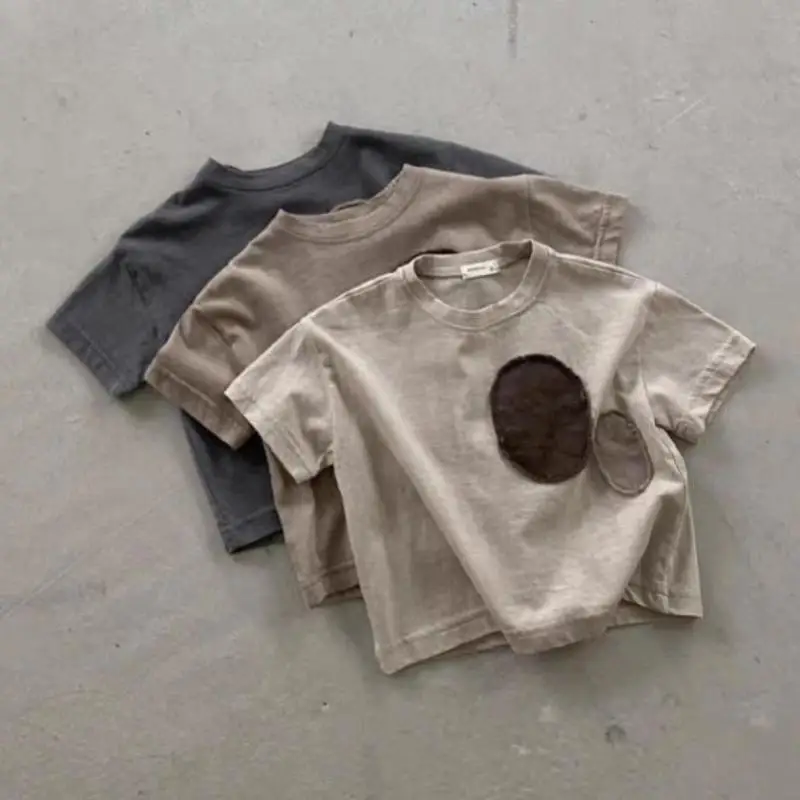 2025 Summer New Baby Short Sleeve T Shirts Vintage Infant Elliptical Patch Tops Fashion Toddler Boy Girl Loose T Shirts