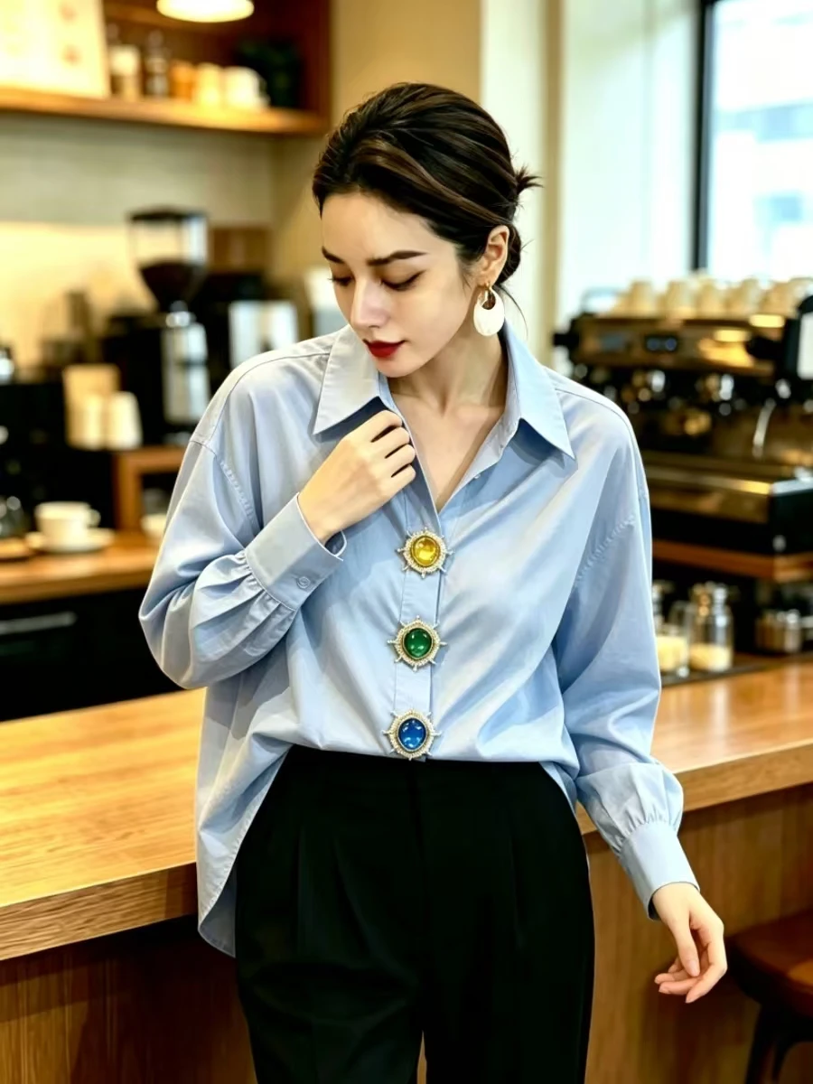 High-end Detachable Sparkle Diamonds Cotton Shirts and Blouses for Women Long Sleeve Top Blusas Women's Loose Casual Shirt Top