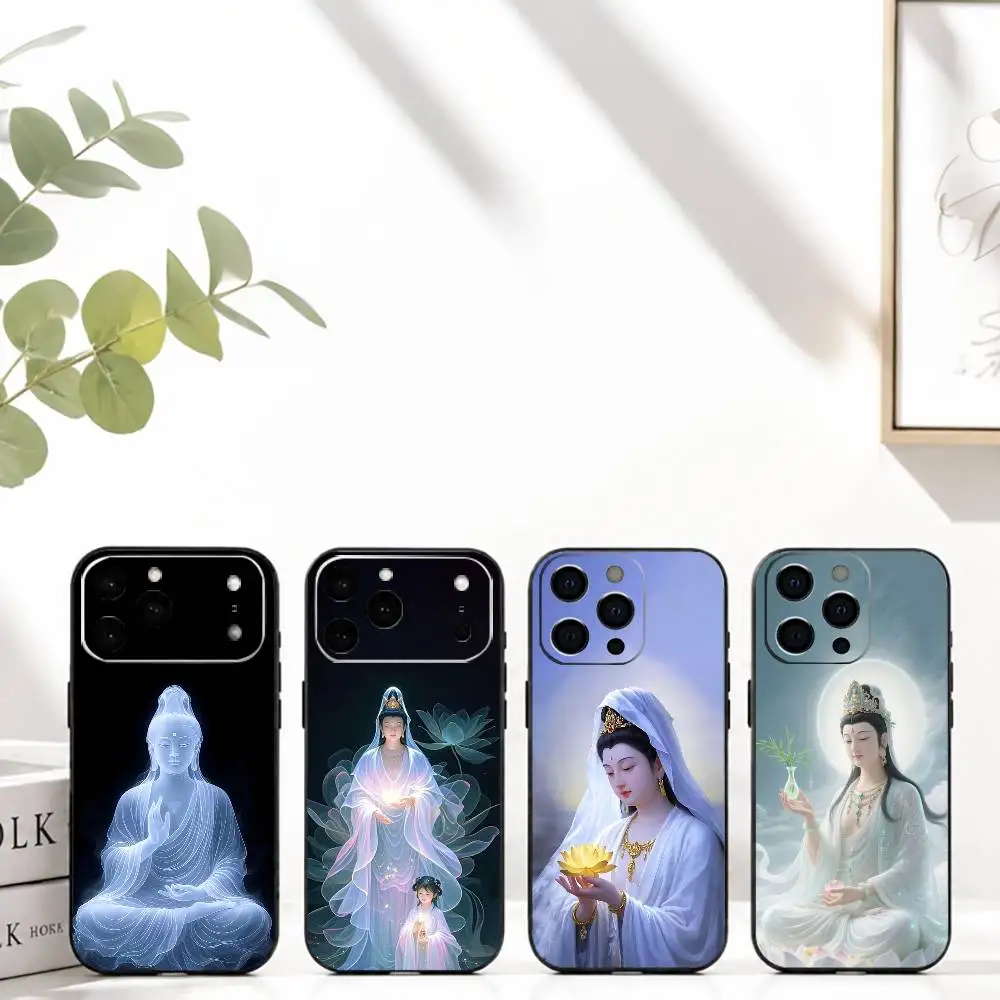 Coque de téléphone C-Compassionate Buddhist A-Avalokiteshvara pour iPhone 17, 16, 15, 14, 13, 12, 11 Plus, Pro Max et autres, Housse souple noire