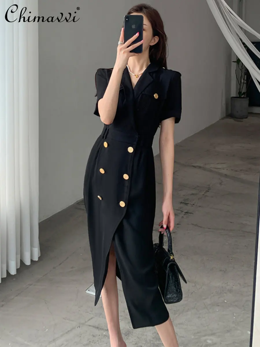 

Women's New 2023 Summer Clothes High-End Luxury Black Business Suit Dress High Waist Slimming Office Lady Mid-Length Dress