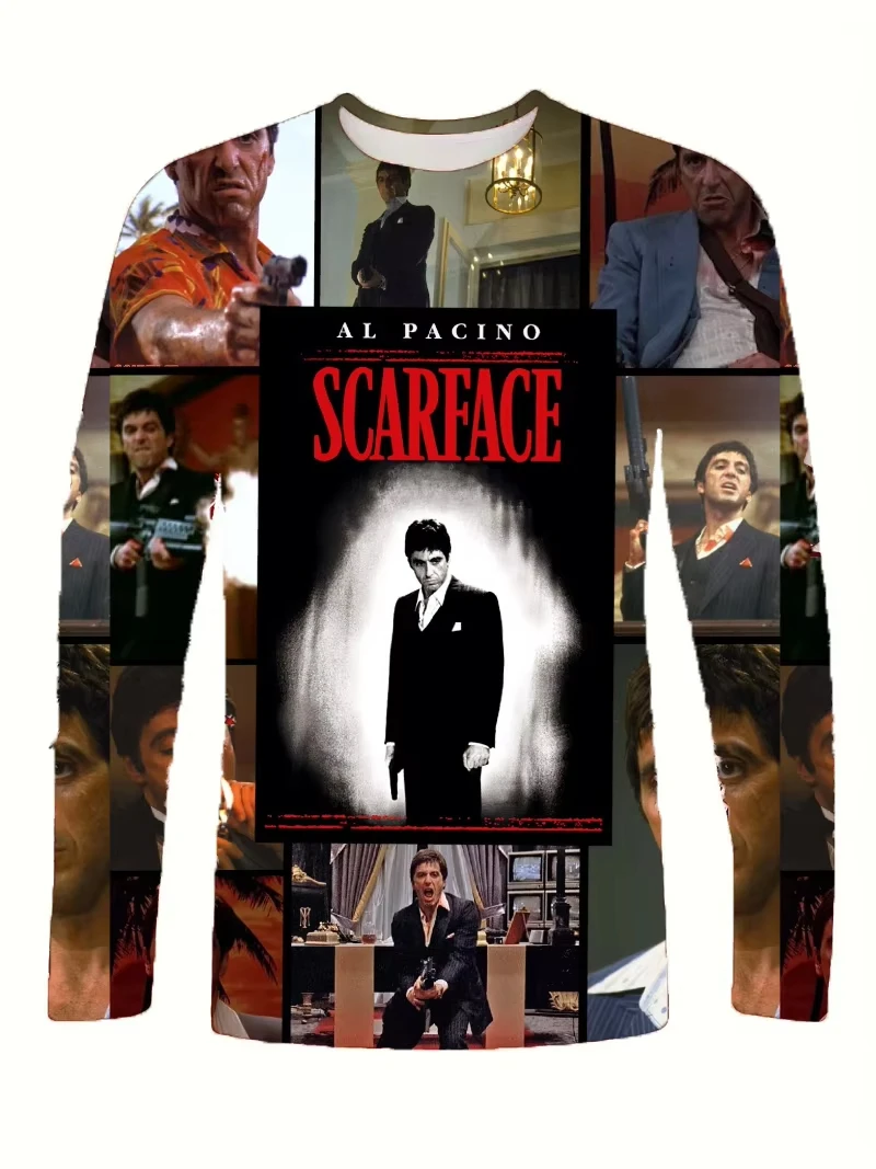 موضة جديدة قميص رجالي ثلاثية الأبعاد فيلم سكارفيس تي شيرت مطبوع طاقم مستدير كم طويل تي شيرت رياضة ملابس رياضية بلايز تيز الذكور الملابس